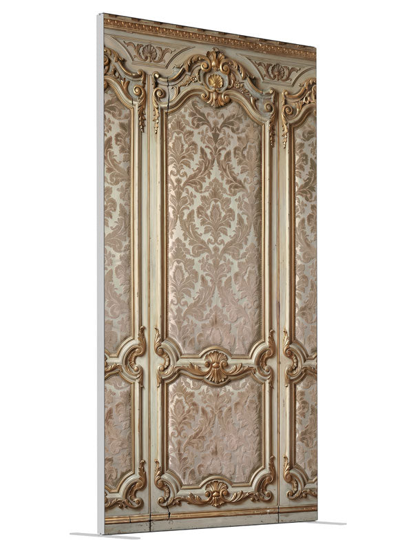 Ornate ivory-and-gold wall paneling with champagne damask brocade panels, 4ft photography backdrop panel for Denny StudioEdge silicone edge frame, angled view