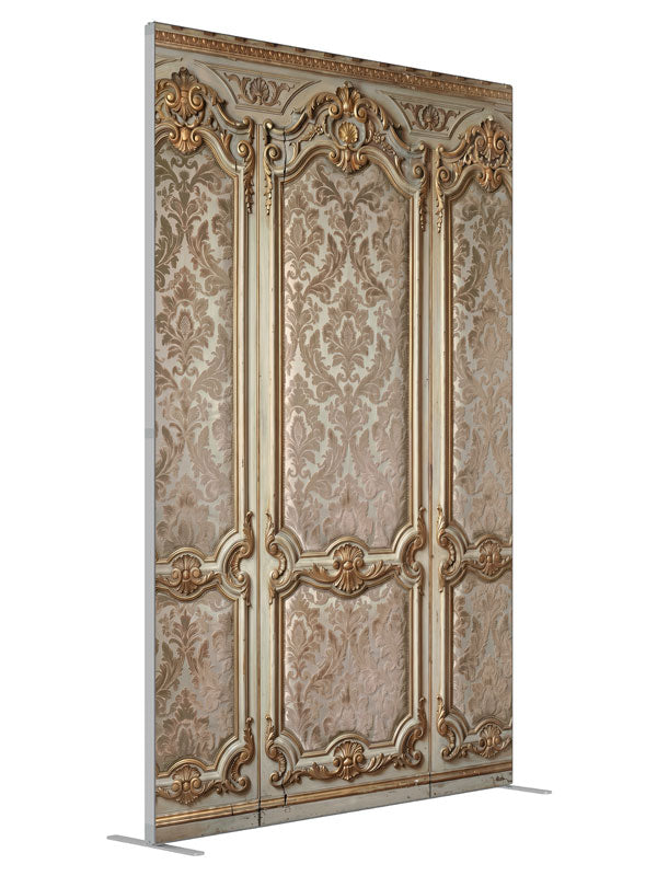 Ornate ivory-and-gold wall paneling with champagne damask brocade panels, 5ft photography backdrop panel for Denny StudioEdge silicone edge frame, angled view