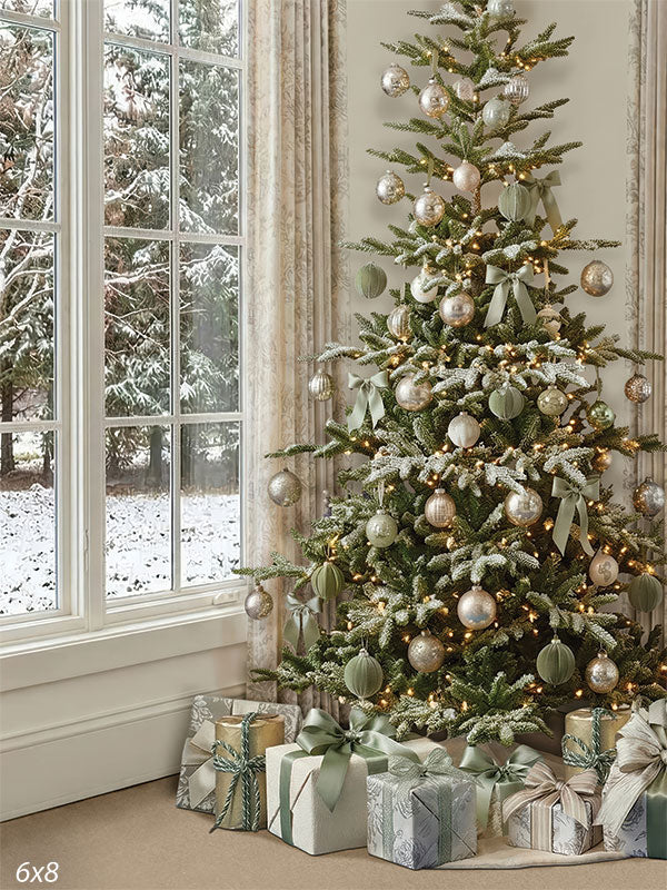 champagne pine Christmas tree snow window photography backdrop CP-8875