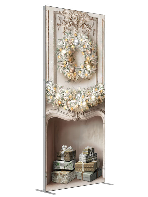 Christmas Baroque Fireplace shown at an angled view, photography backdrop panel for Denny StudioEdge silicone edge frame, 3 ft