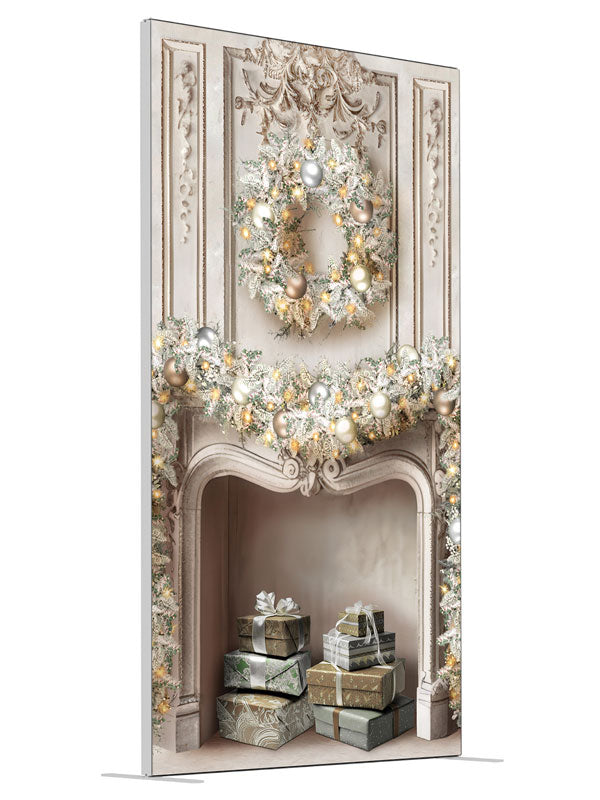 Christmas Baroque Fireplace shown at an angled view, photography backdrop panel for Denny StudioEdge silicone edge frame, 4 ft