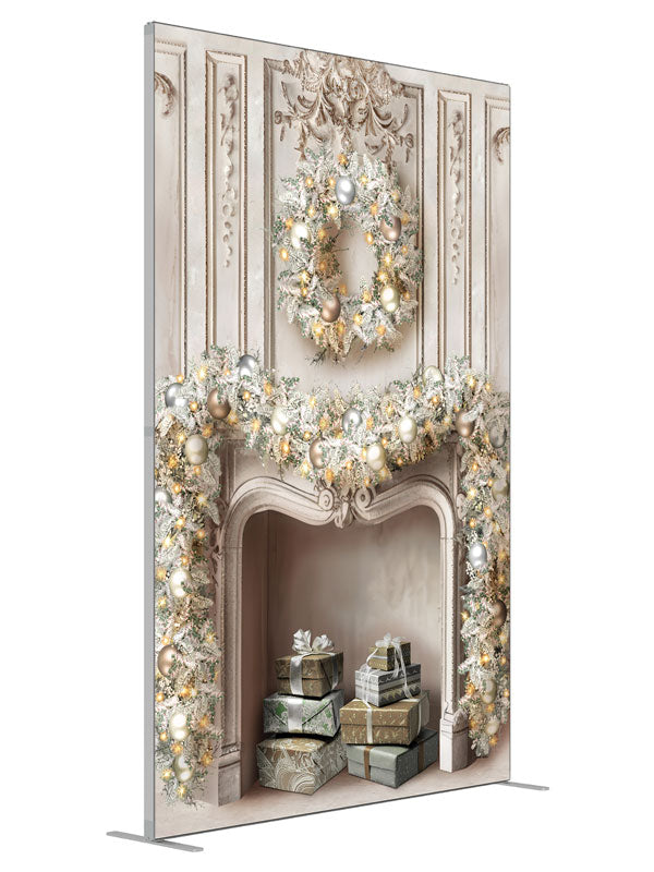 Christmas Baroque Fireplace shown at an angled view, photography backdrop panel for Denny StudioEdge silicone edge frame, 5 ft