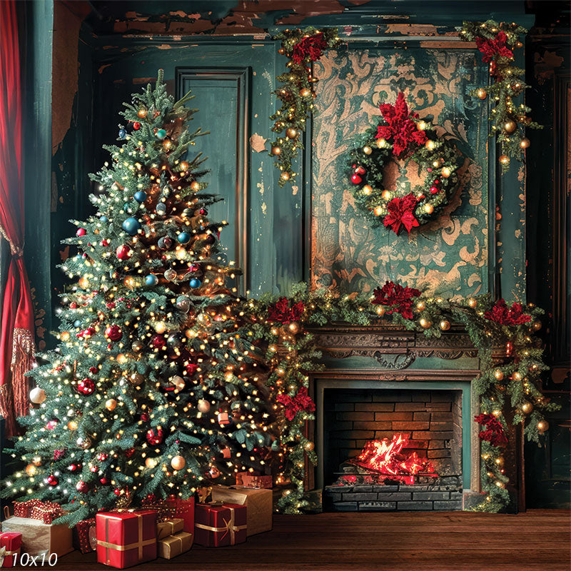 Victorian-style Christmas photography backdrop featuring a decorated tree and fireplace for studio portraits.