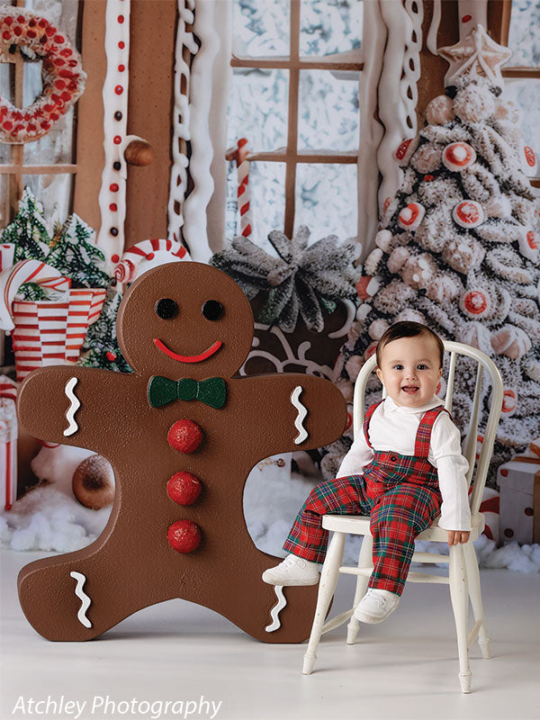 Festive holiday backdrop featuring a detailed gingerbread house and holiday decor.