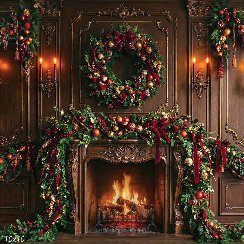 classic Christmas fireplace studio background with ornate wood mantel CP-8886