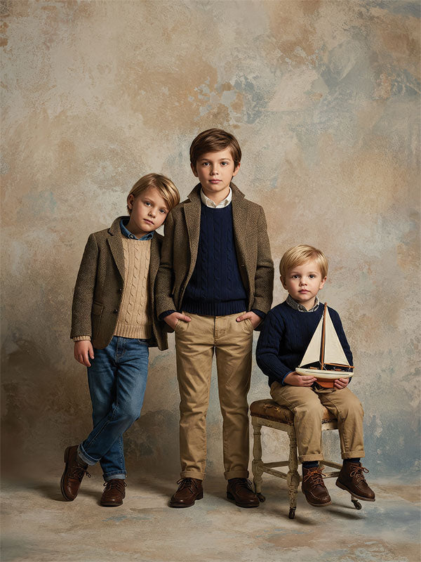 Three boys dressed in coordinated outfits pose together, one seated holding a toy sailboat, in front of a classic painted studio backdrop with soft neutral textures and subtle color variation.
