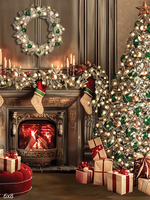 Cozy red, green, and gold Christmas backdrop with lit fireplace, stockings, and a decorated tree—perfect for warm, traditional holiday portraits