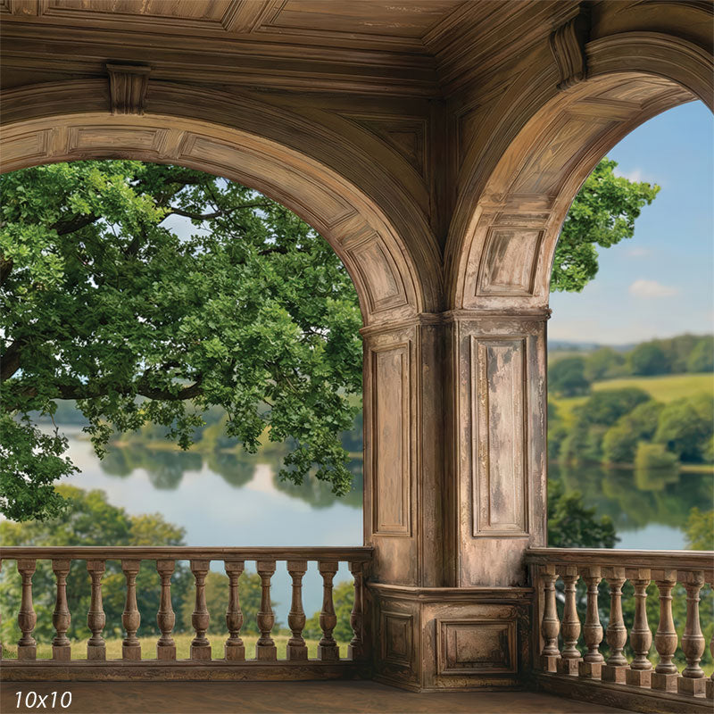 This photography backdrop features a classical stone arch terrace with warm architectural tones and an open landscape beyond. The studio background provides depth and balanced scenery behind a portrait subject.