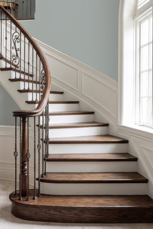A light curved staircase with iron scroll balusters, white wainscot and a tall arched window, 5ft photography backdrop panel for Denny StudioEdge silicone edge frame