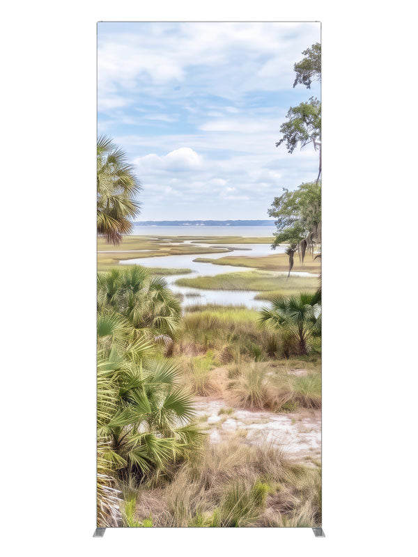Bright lowcountry marsh with palmettos, mossy oaks, and winding tidal creeks, 3ft photography backdrop panel for Denny StudioEdge silicone edge frame