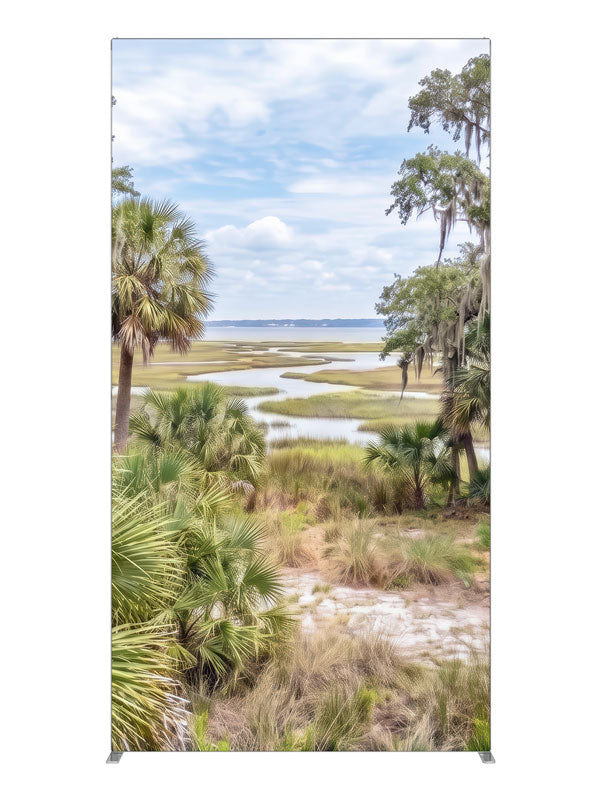 Bright lowcountry marsh with palmettos, mossy oaks, and winding tidal creeks, 4ft photography backdrop panel for Denny StudioEdge silicone edge frame