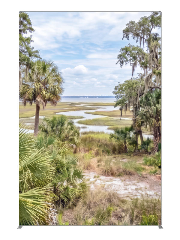 Bright lowcountry marsh with palmettos, mossy oaks, and winding tidal creeks, 5ft photography backdrop panel for Denny StudioEdge silicone edge frame