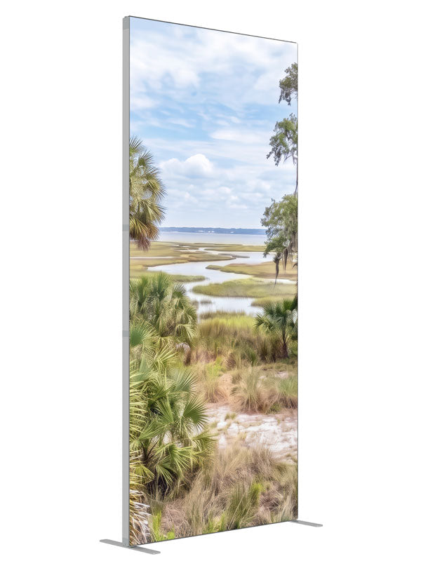 Bright lowcountry marsh with palmettos, mossy oaks, and winding tidal creeks, 3ft photography backdrop panel for Denny StudioEdge silicone edge frame, angled view