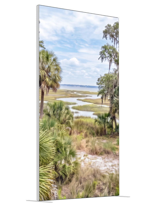 Bright lowcountry marsh with palmettos, mossy oaks, and winding tidal creeks, 4ft photography backdrop panel for Denny StudioEdge silicone edge frame, angled view