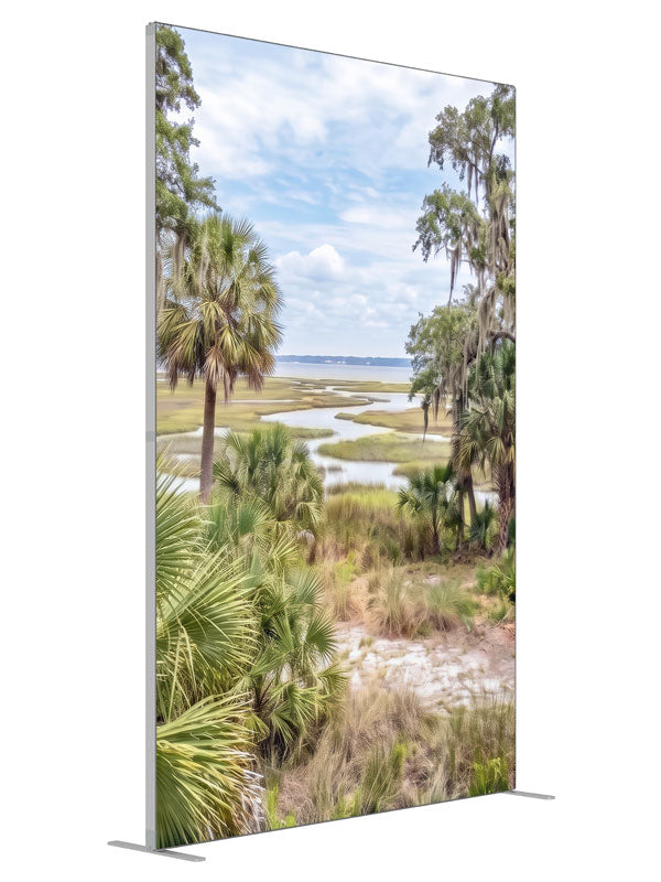 Bright lowcountry marsh with palmettos, mossy oaks, and winding tidal creeks, 5ft photography backdrop panel for Denny StudioEdge silicone edge frame, angled view