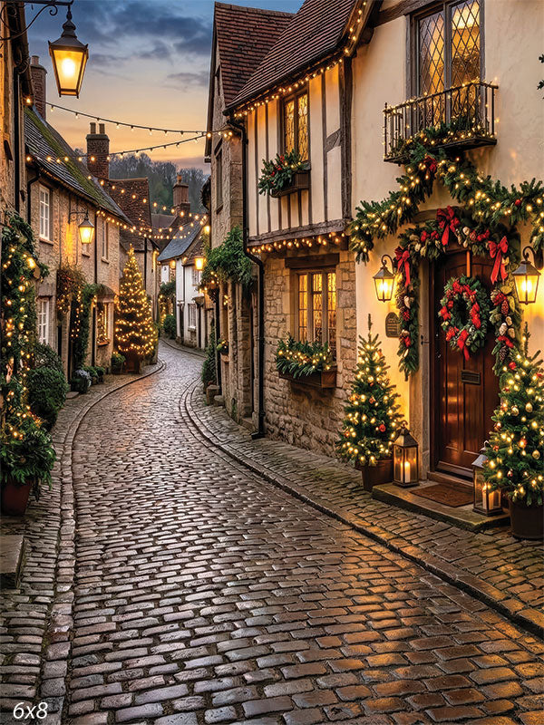 cobblestone Christmas village lane photography backdrop CP-8880