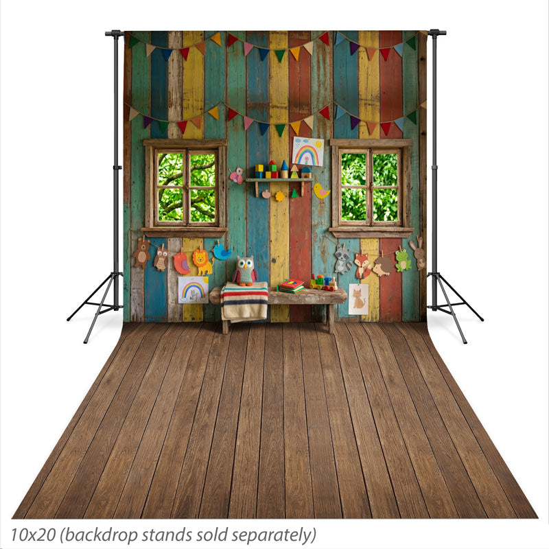 Rainbow Clubhouse Colorful Wood Playroom with Window Light photography backdrop shown at the full 10x20 size CP-8976