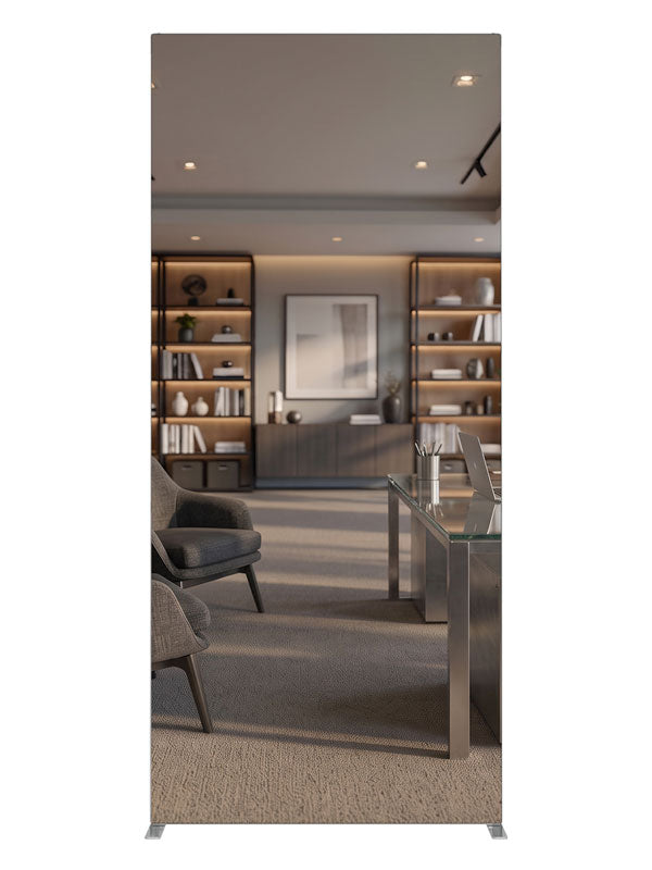 A contemporary office with a glass-top chrome desk, gray lounge chairs, and light-wood shelving, 3ft photography backdrop panel for Denny StudioEdge silicone edge frame
