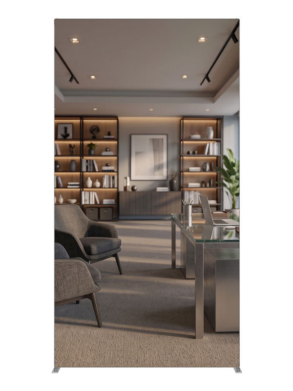 A contemporary office with a glass-top chrome desk, gray lounge chairs, and light-wood shelving, 4ft photography backdrop panel for Denny StudioEdge silicone edge frame