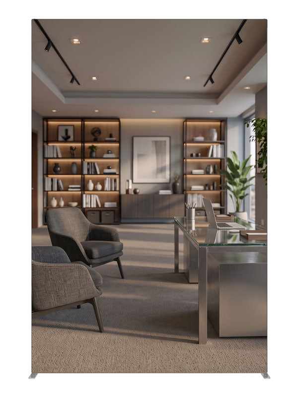 A contemporary office with a glass-top chrome desk, gray lounge chairs, and light-wood shelving, 5ft photography backdrop panel for Denny StudioEdge silicone edge frame