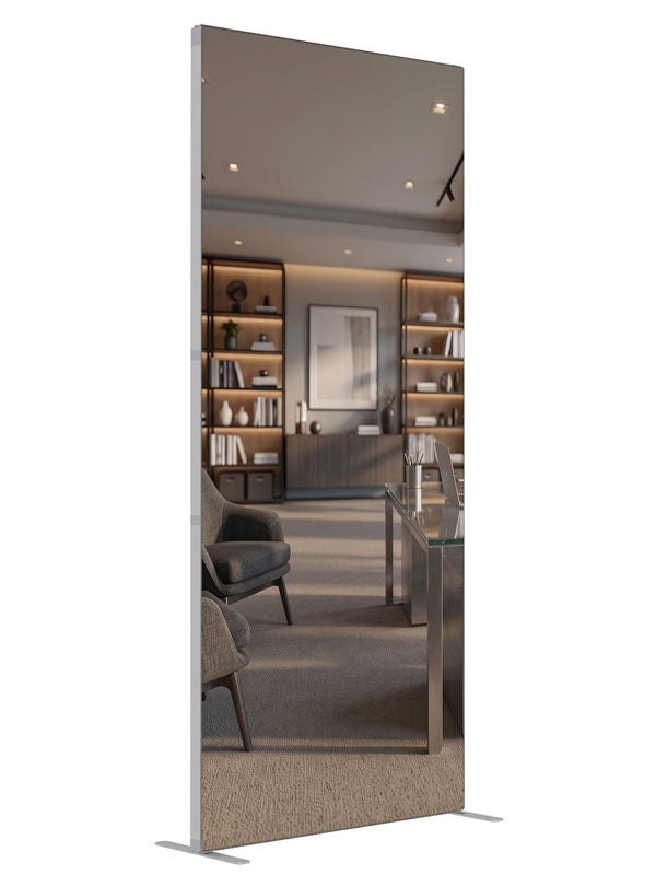 A contemporary office with a glass-top chrome desk, gray lounge chairs, and light-wood shelving, 3ft photography backdrop panel for Denny StudioEdge silicone edge frame