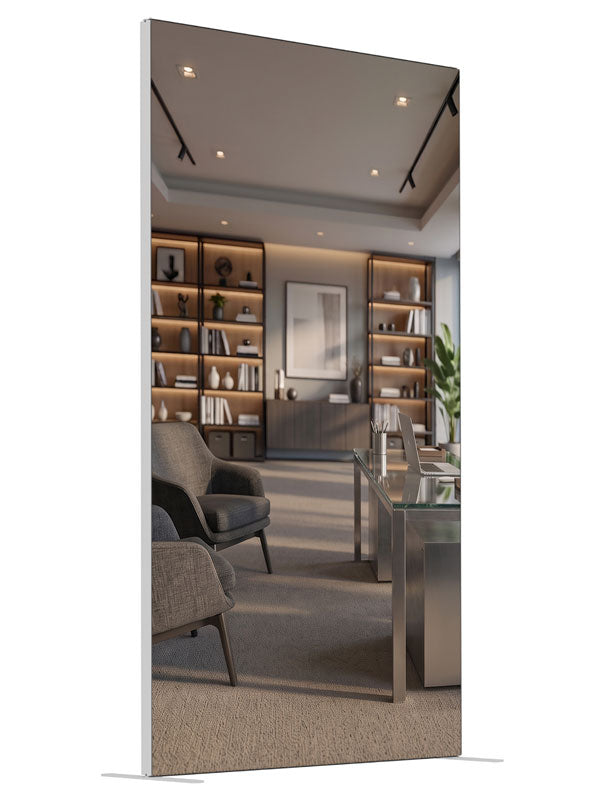 A contemporary office with a glass-top chrome desk, gray lounge chairs, and light-wood shelving, 4ft photography backdrop panel for Denny StudioEdge silicone edge frame