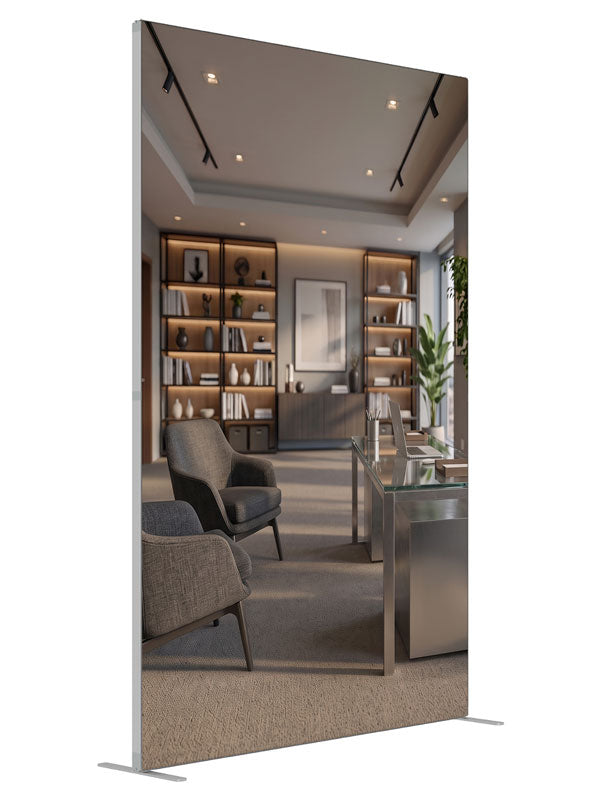 A contemporary office with a glass-top chrome desk, gray lounge chairs, and light-wood shelving, 5ft photography backdrop panel for Denny StudioEdge silicone edge frame