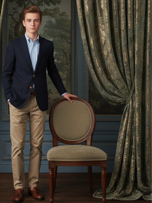 Marlowe - Formal Wall Paneling with Vintage Scenic Art and Draped Curtains Photography Backdrop
