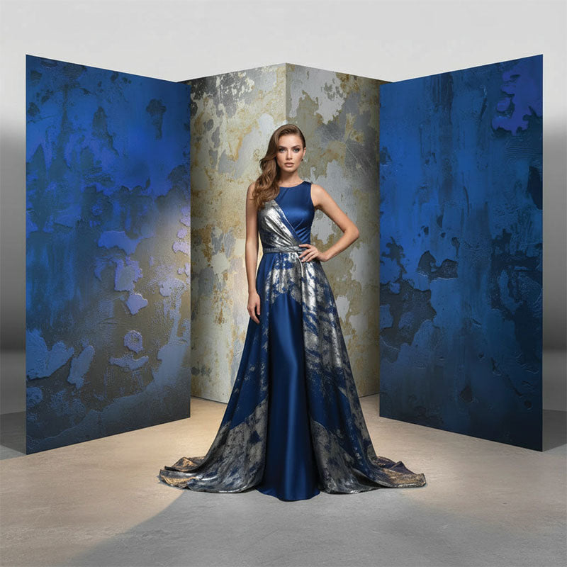Deep blue plaster texture printed photography backdrop lifestyle in-studio portrait - Denny StudioEdge SECP-8853
