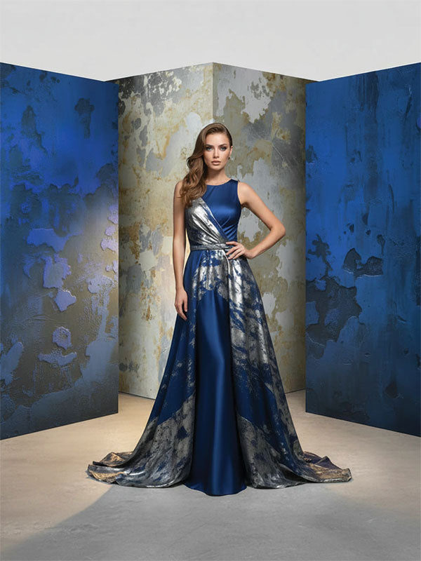 Deep blue plaster texture printed photography backdrop lifestyle in-studio portrait cropped - Denny StudioEdge SECP-8853