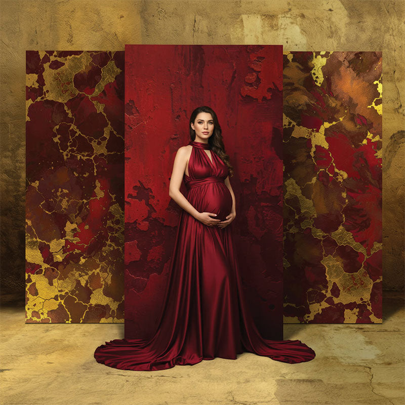 Deep red gold metallic texture printed photography backdrop lifestyle in-studio portrait - Denny StudioEdge SECP-8858