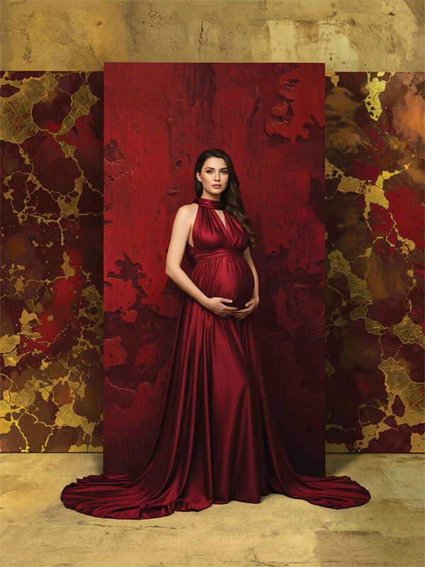 Deep red gold metallic texture printed photography backdrop lifestyle in-studio portrait cropped - Denny StudioEdge SECP-8858