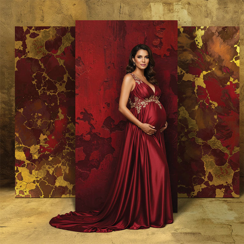 Deep red layered paint gold metallic texture printed photography backdrop lifestyle second angle - Denny StudioEdge SECP-8858