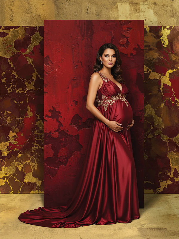 Deep red layered paint texture printed photography backdrop lifestyle in-studio portrait cropped - Denny StudioEdge SECP-8854