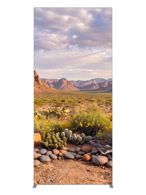 Desert basin of cacti and wildflowers below layered red rock mesas, 3ft photography backdrop panel for Denny StudioEdge silicone edge frame