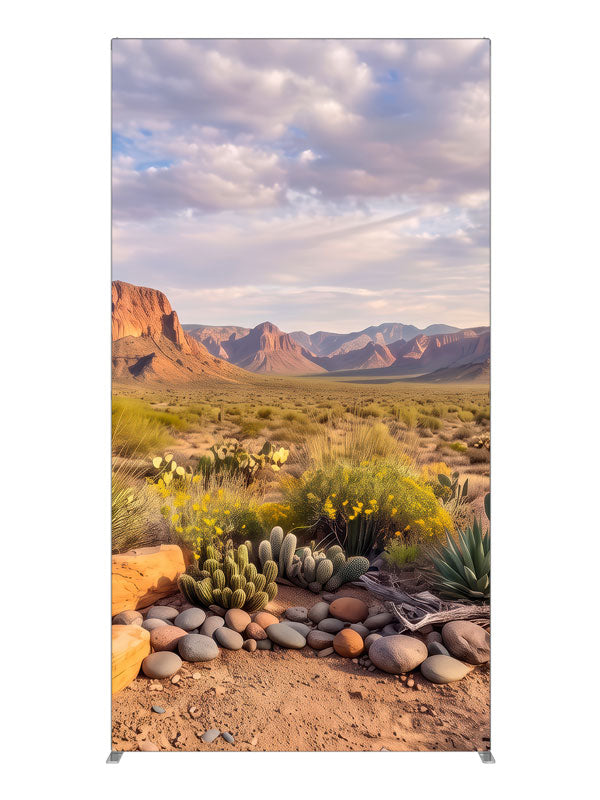 Desert basin of cacti and wildflowers below layered red rock mesas, 4ft photography backdrop panel for Denny StudioEdge silicone edge frame