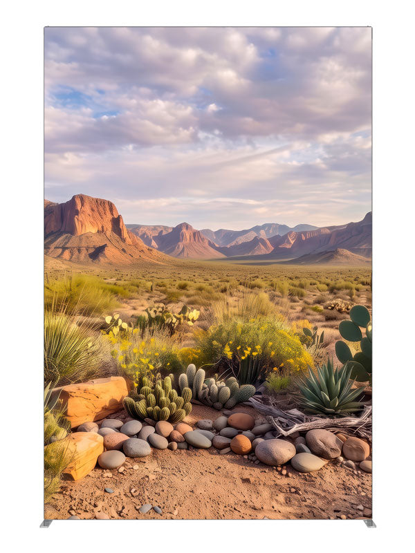 Desert basin of cacti and wildflowers below layered red rock mesas, 5ft photography backdrop panel for Denny StudioEdge silicone edge frame