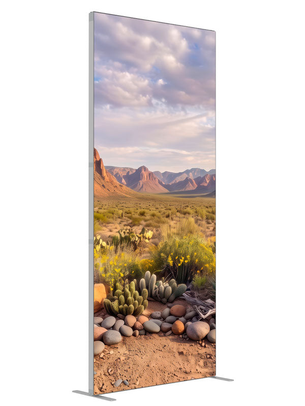 Desert basin of cacti and wildflowers below layered red rock mesas, 3ft photography backdrop panel for Denny StudioEdge silicone edge frame, angled view