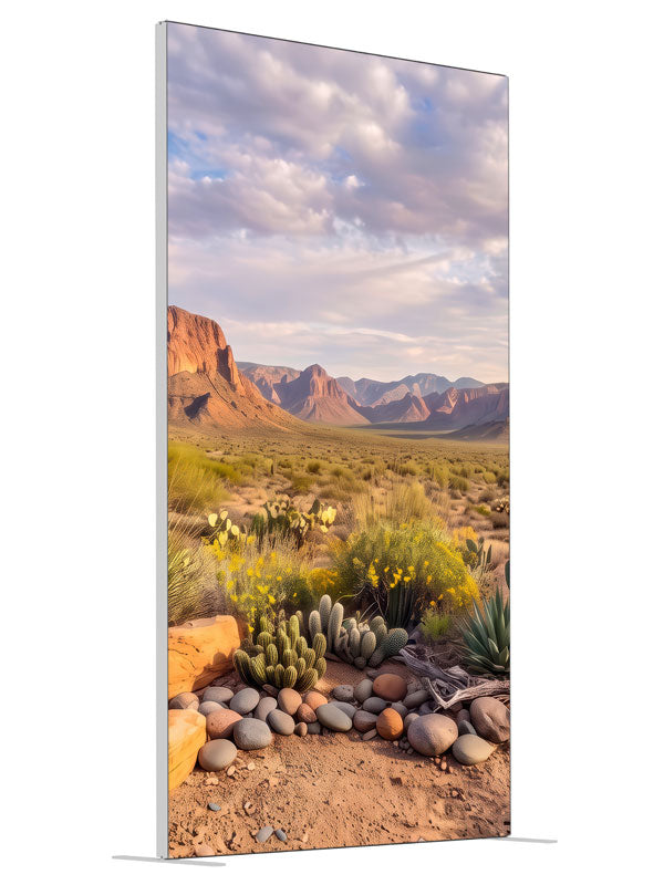 Desert basin of cacti and wildflowers below layered red rock mesas, 4ft photography backdrop panel for Denny StudioEdge silicone edge frame, angled view