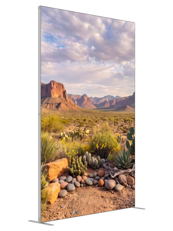 Desert basin of cacti and wildflowers below layered red rock mesas, 5ft photography backdrop panel for Denny StudioEdge silicone edge frame, angled view