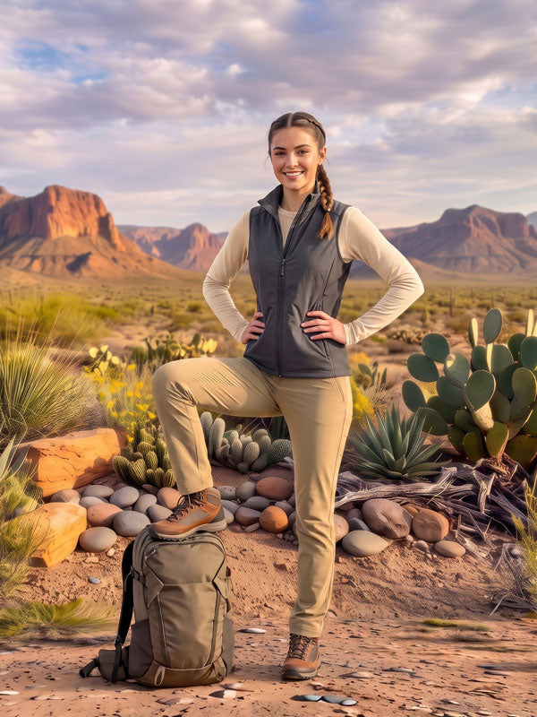 Desert red rock and cactus photography backdrop shown in a studio portrait with a woman hiker in a vest standing beside a backpack among the cacti CP-9044