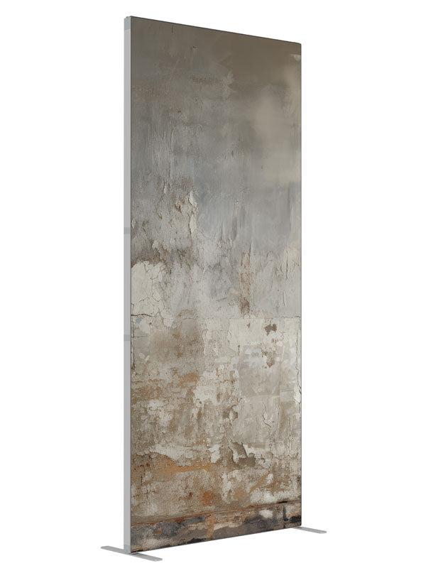 Distressed Grey Brown & Ivory Texture Wall shown at an angled view, photography backdrop panel for Denny StudioEdge silicone edge frame, 3 ft