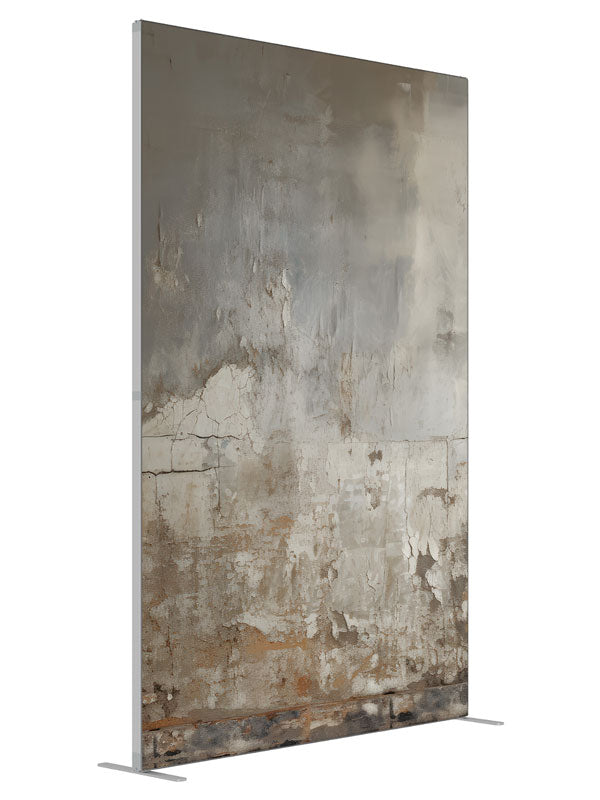 Distressed Grey Brown & Ivory Texture Wall shown at an angled view, photography backdrop panel for Denny StudioEdge silicone edge frame, 5 ft