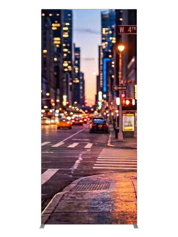 A wet downtown street corner at dusk with a signal post, crosswalk and neon-lit buildings, 3ft photography backdrop panel for Denny StudioEdge silicone edge frame