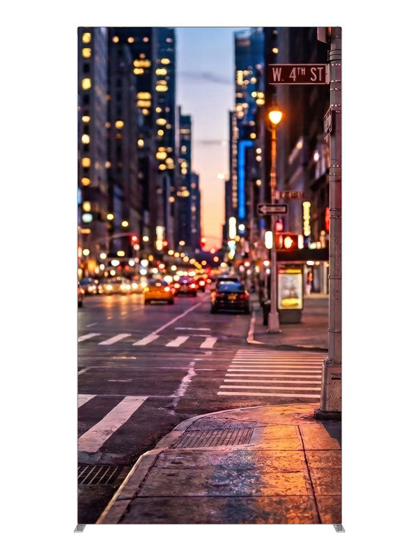 A wet downtown street corner at dusk with a signal post, crosswalk and neon-lit buildings, 4ft photography backdrop panel for Denny StudioEdge silicone edge frame