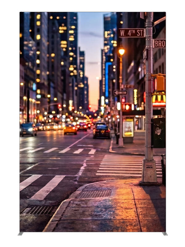 A wet downtown street corner at dusk with a signal post, crosswalk and neon-lit buildings, 5ft photography backdrop panel for Denny StudioEdge silicone edge frame