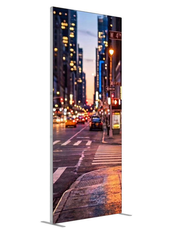 A wet downtown street corner at dusk with a signal post, crosswalk and neon-lit buildings, 3ft photography backdrop panel for Denny StudioEdge silicone edge frame, angled view