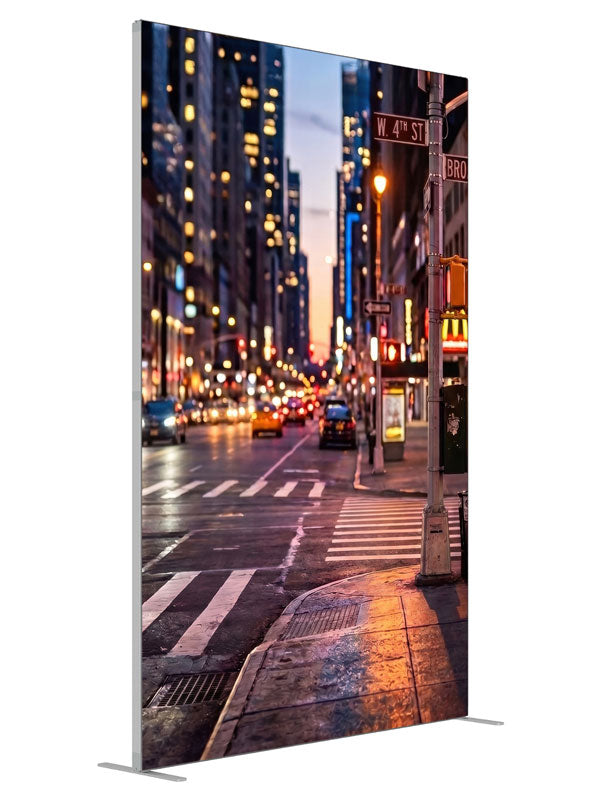 A wet downtown street corner at dusk with a signal post, crosswalk and neon-lit buildings, 5ft photography backdrop panel for Denny StudioEdge silicone edge frame, angled view