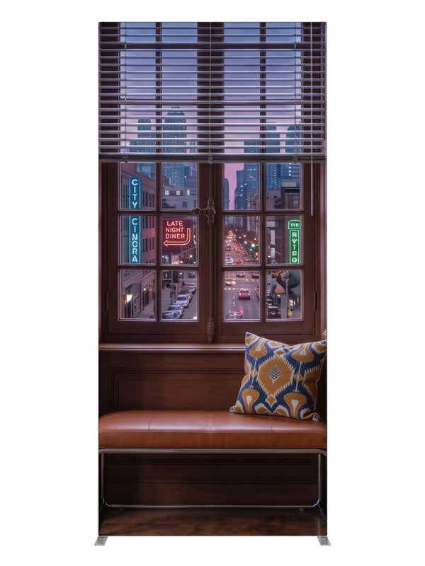A warm wood-paneled room with a tall window overlooking a neon-lit downtown street at dusk, 3ft photography backdrop panel for Denny StudioEdge silicone edge frame