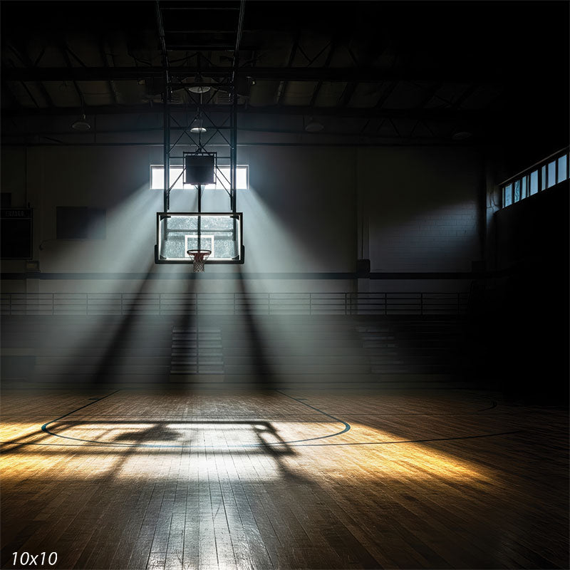 Shafts of natural light stream from above, creating cinematic atmosphere around the court and hoop.